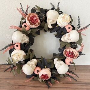 Halloween Pink Floral Skull Wreath